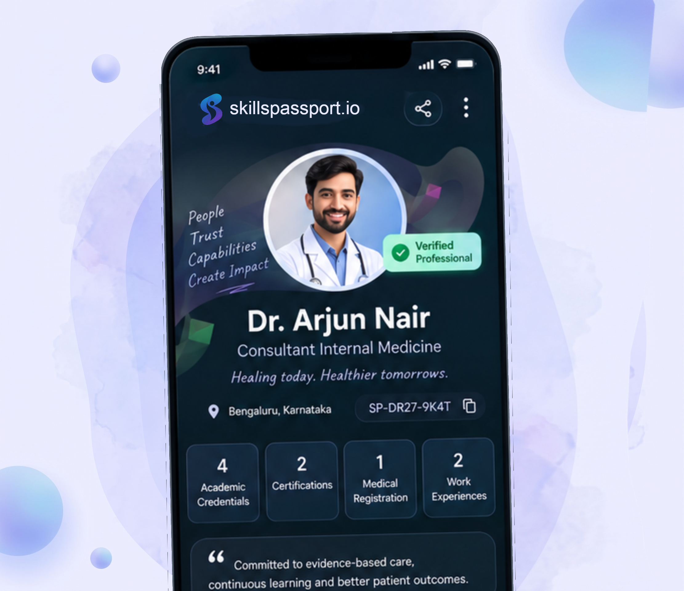 Doctor viewing a verified SkillsPassport professional profile